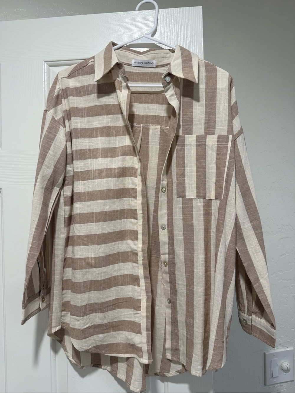 Neutral Ground Beige & Cream Striped Button-Up Blouse
